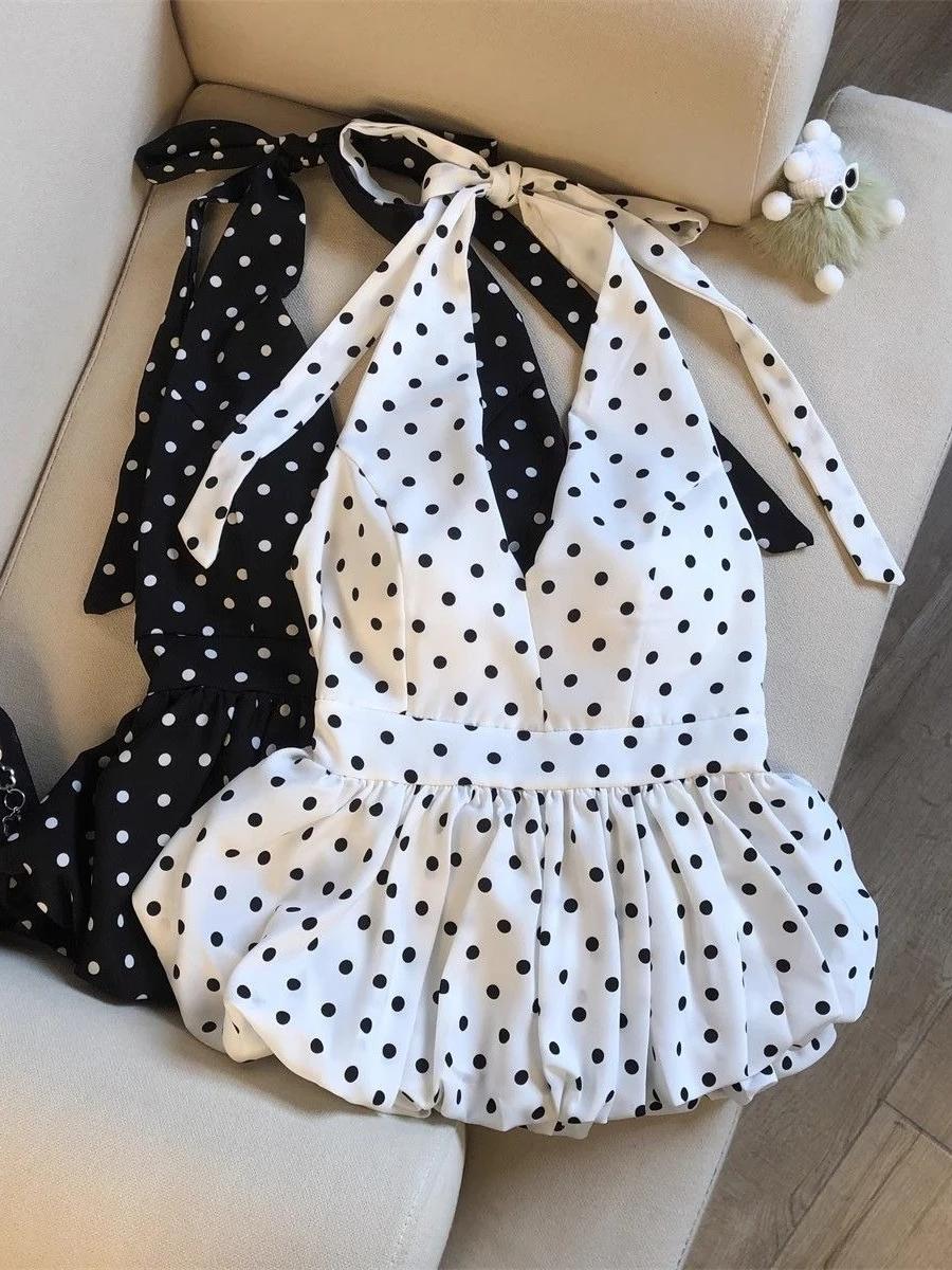Nouveau débardeur court sexy dos nu pour femme, style babydoll de plage, à pois, col en V, sans manc