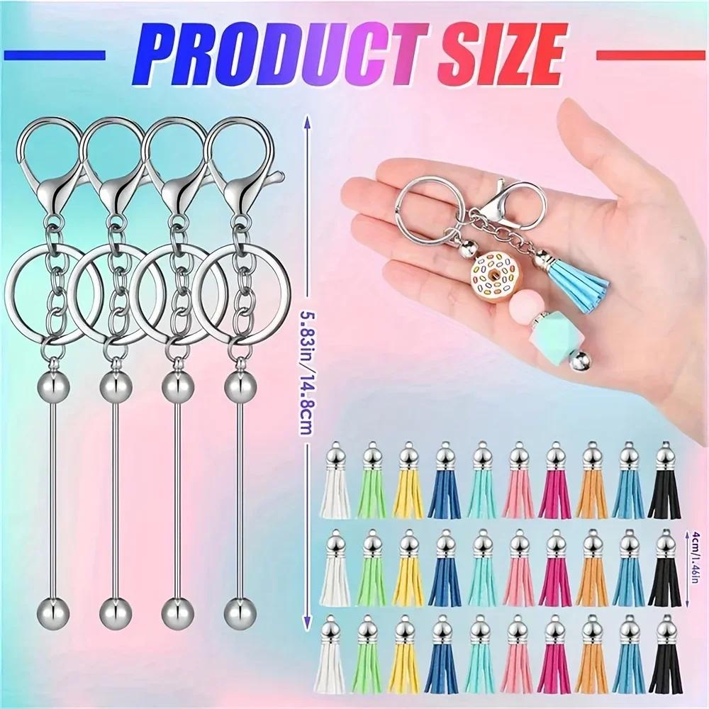 Porte-clés perlé, barres vierges, bandes colorées en cuir, pompon ample pour bricolage, pendentif, b