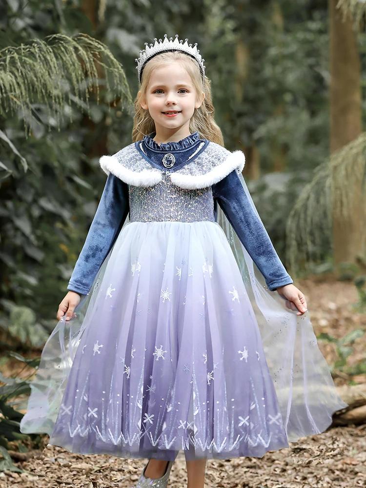 Robe princesse Elsa Reine des Neiges velours cape bleue - Costume fête filles 3 à 9 ans collection printemps