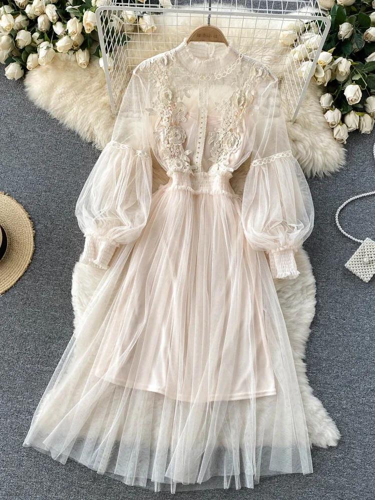 Robe tridimensionnelle pour femmes, crochet à fleurs, maille, tempérament, col montant, manches lant