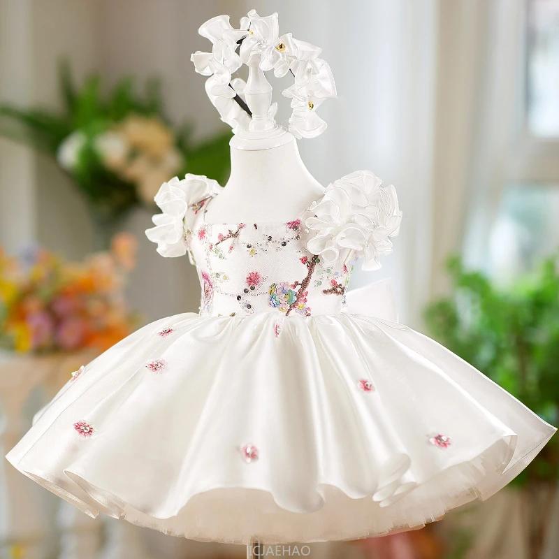 Robe de mariée en Satin blanc pour filles, tenue de princesse Tutu à manches flottantes, vêtements p