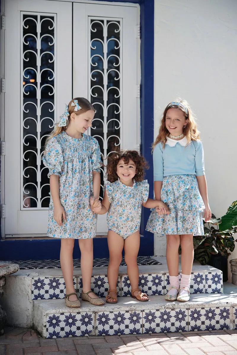 Vêtements assortis à fleurs et tricotés pour enfants, 2024 coton, collection été bleu Shabbos, soeur