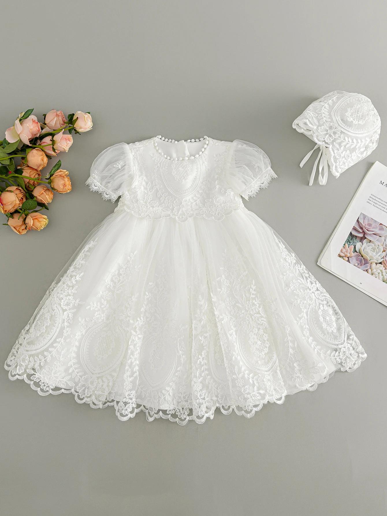 Robe de baptême blanche pour bébé fille, robe brodée haut de gamme, jupe longue en gaze, robe de cér