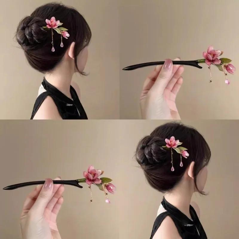 Épingle à cheveux florale de Style chinois, pompon de fleur rose, accessoire de cheveux élégant Hanf