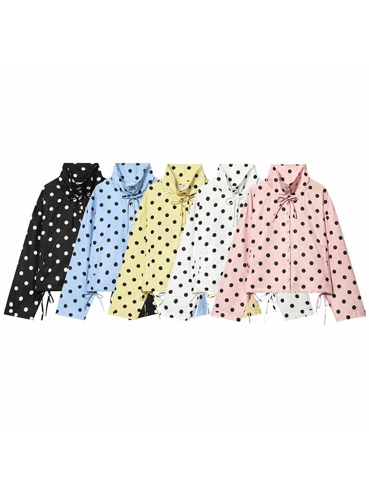 Veste rose à pois à manches longues pour femme, manteau décontracté à col montant et simple boutonna