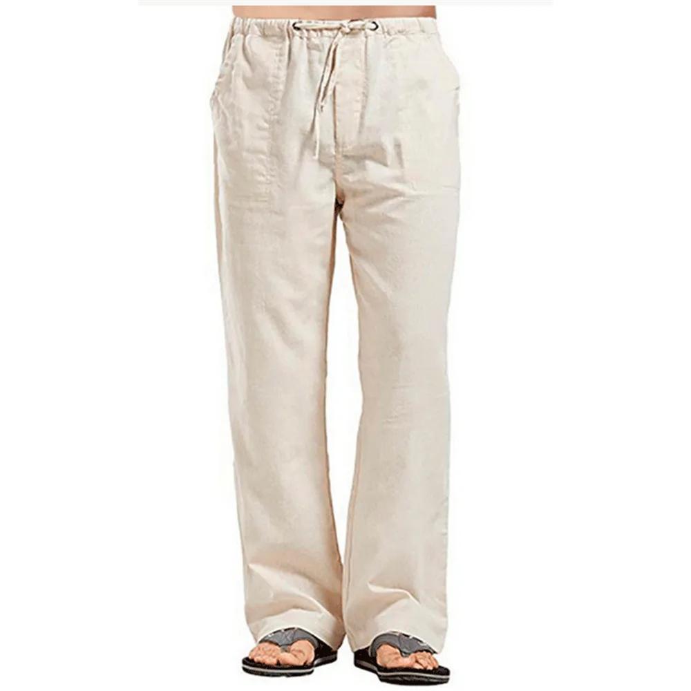 Pantalon d'été en coton et lin pour hommes, couleur unie, respirant, décontracté, taille élastique, 