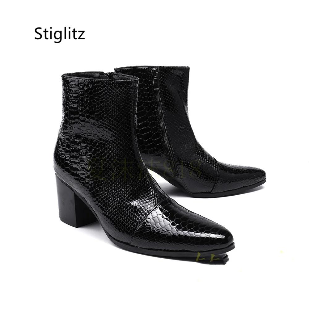 Bottines en cuir véritable pour hommes, noir et rouge, talons hauts de 8Cm, motif serpent rétro, bou