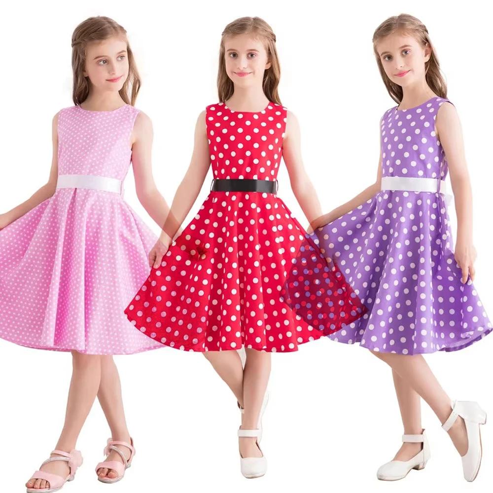 Robe en coton à pois vintage pour filles - Robe trapèze jupe plissée longueur genou style rétro