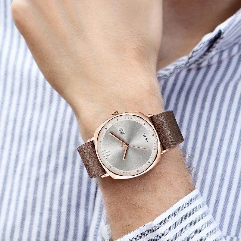 TOMI montre pour hommes minimaliste mode montre de sport calendrier cuir montre à quartz décontracté