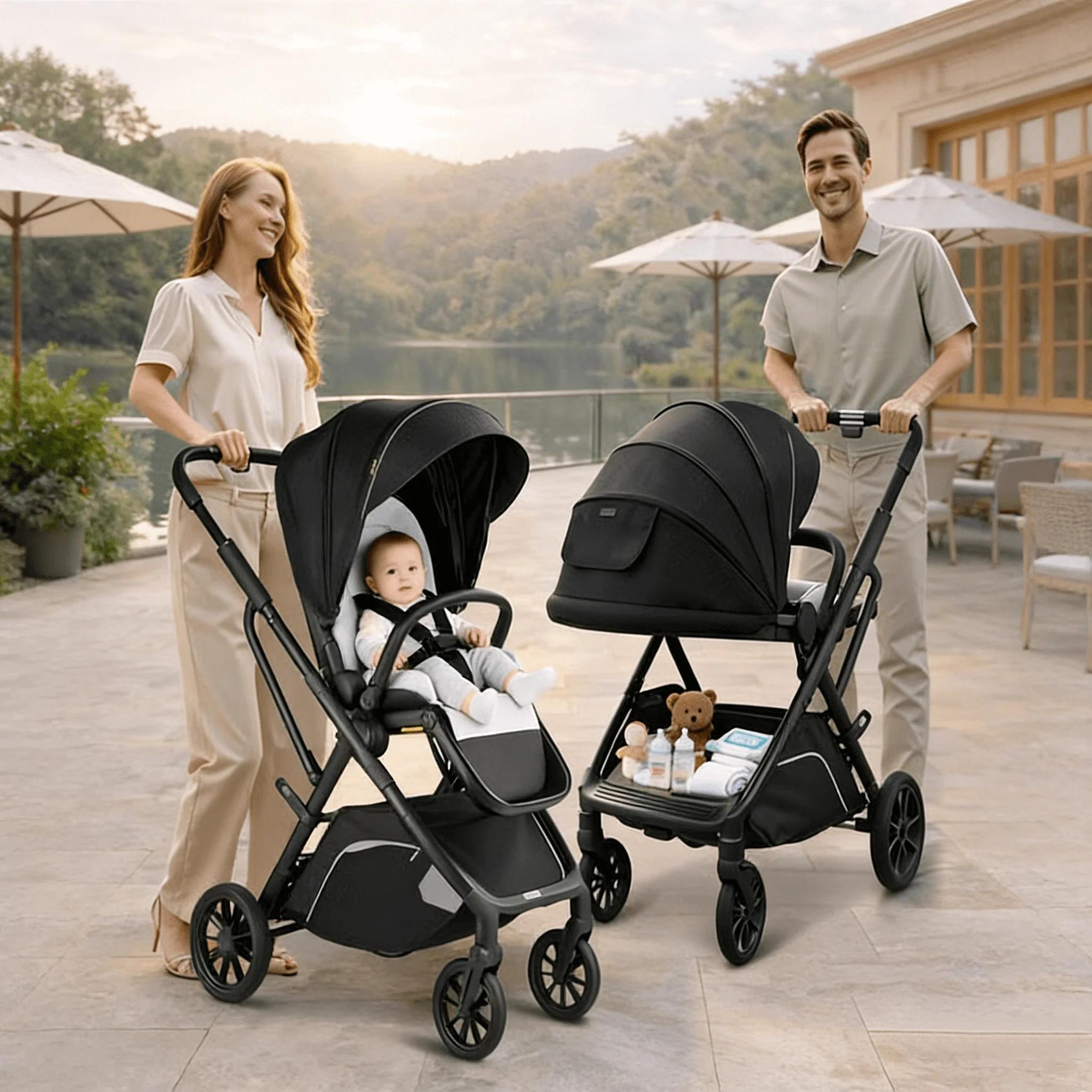 Poussette bébé Hibobi Luxury High Landscape réversible, pliage en un clic, roues en caoutchouc amort