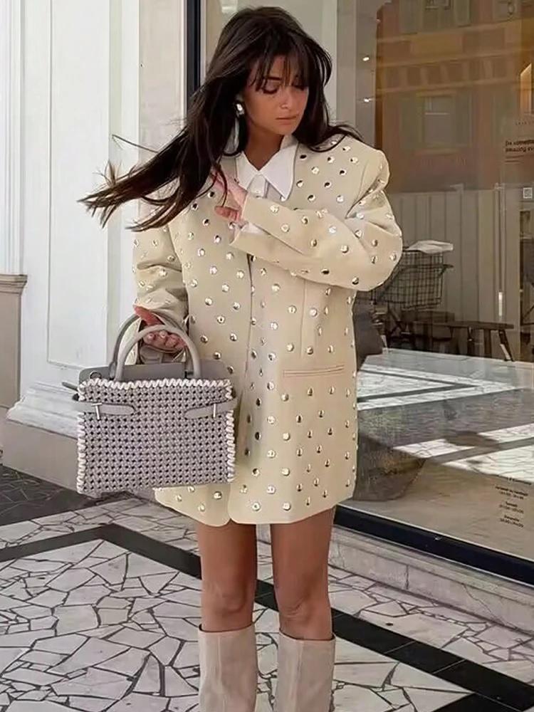 SLTNX Blazer décontracté pour femme avec décoration à rivets, manches longues, col en V, beige, mant