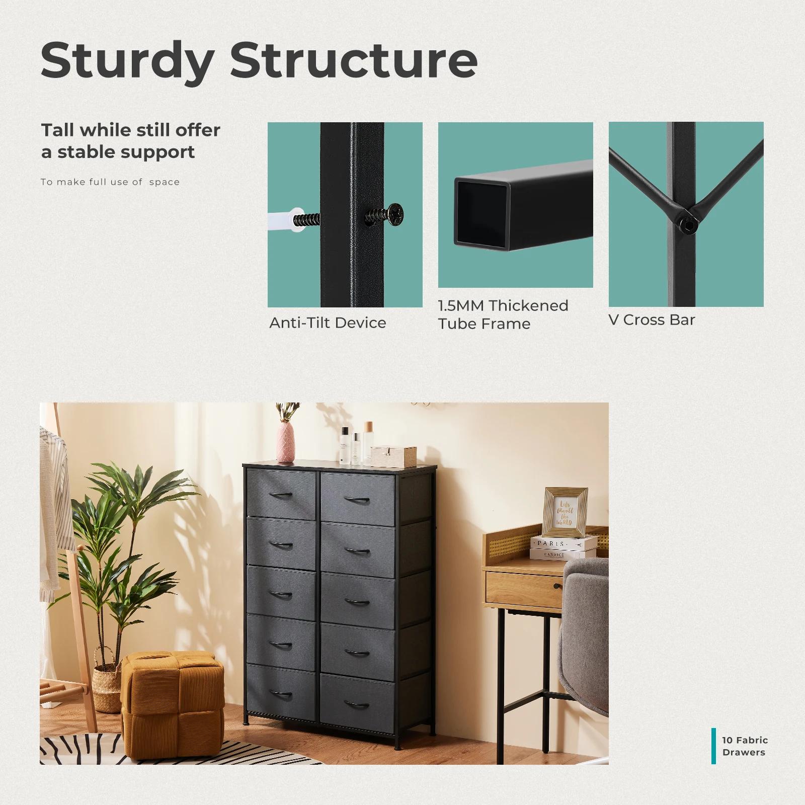 JHK Table de chevet pour chambre à coucher avec 10 tiroirs en tissu, armoire de rangement avec cadre