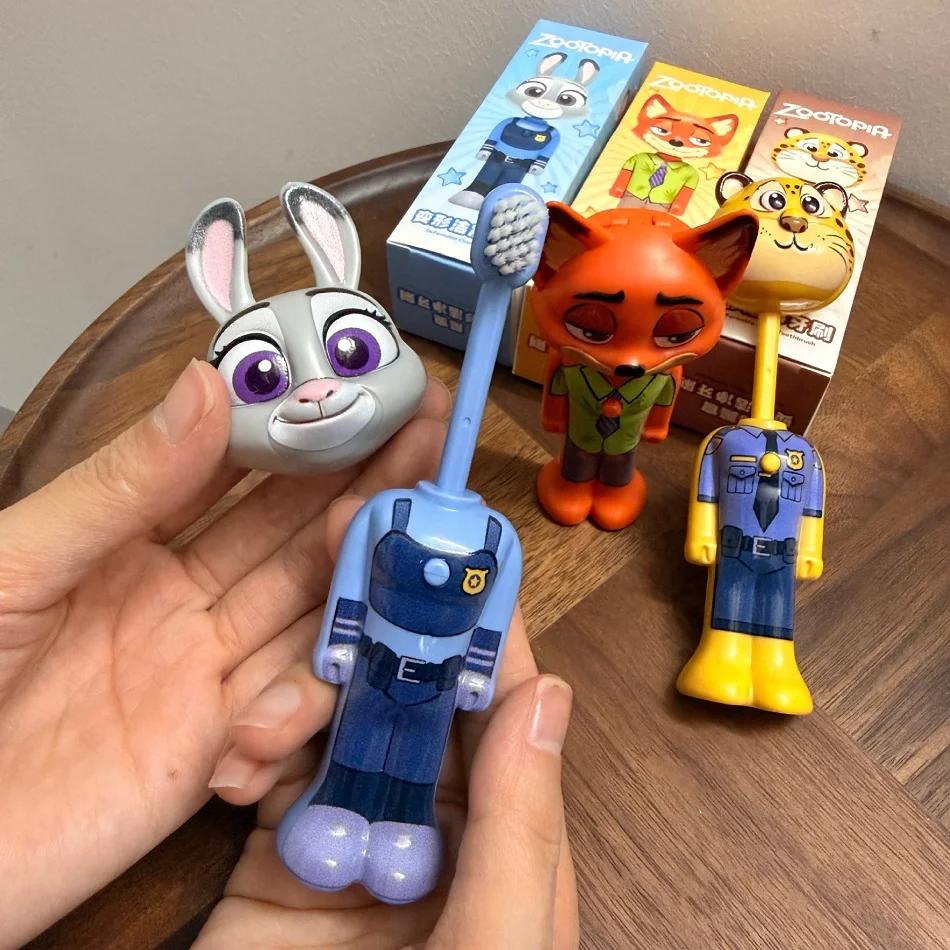 Brosse à dents extensible Disney Zootopia, figurines mignonnes Nick et Judy, brosse à dents transfor