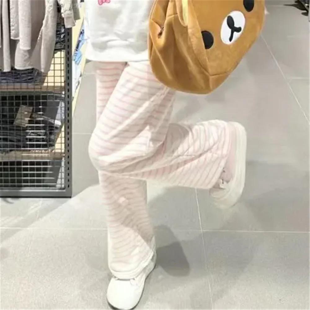 Pantalon rayé Y2K pour femmes, mignon, Kawaii, doux, Harajuku, polaire, sport, mode coréenne, survêt