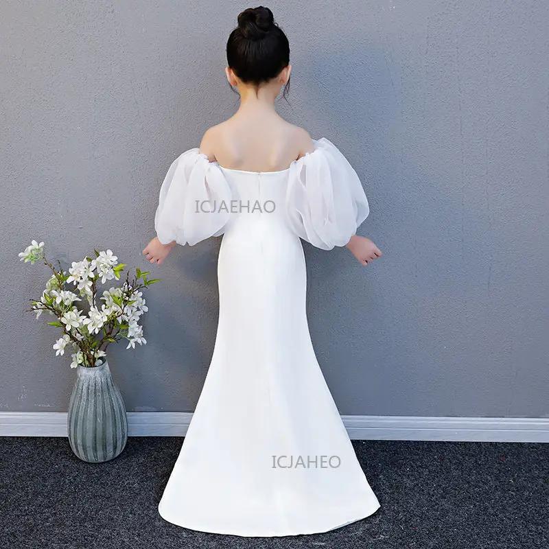Robe sirène blanche sans bretelles pour filles avec traîne, tenue de cérémonie pour fête, costume de
