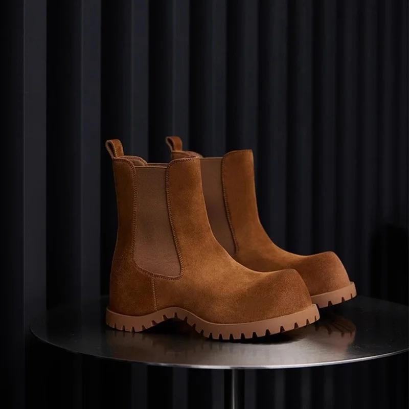 Bottines en daim marron et noir à bout rond large, à enfiler, avec sangle élastique, tendance automn
