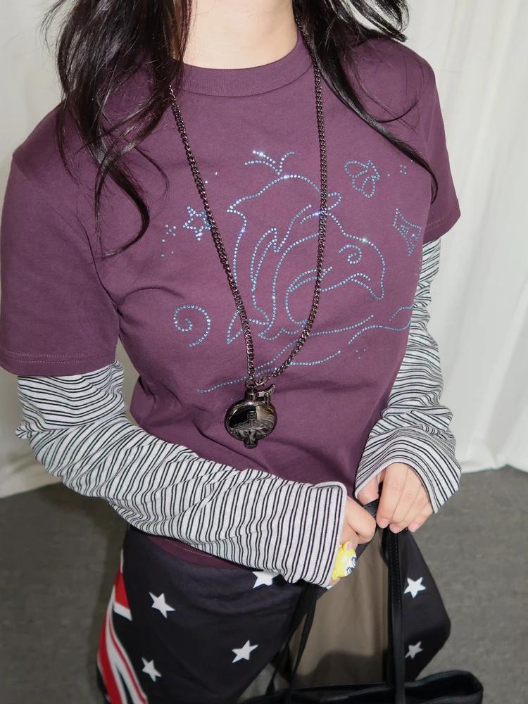 Tonngirl Y2k T-shirt Vintage femmes à manches longues Patchwork japonais années 2000 Grunge hauts St