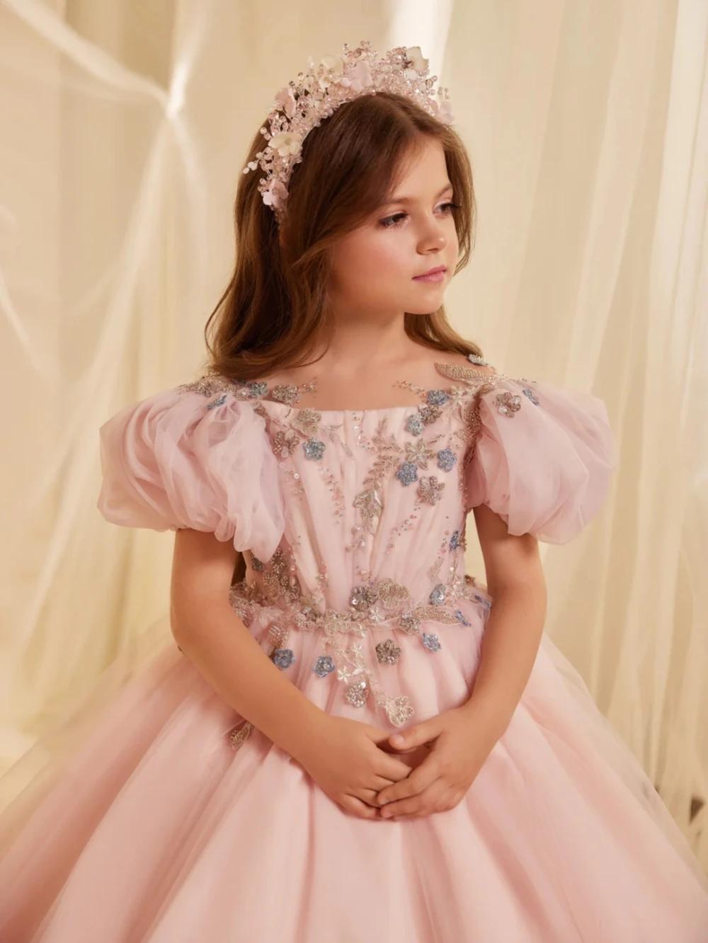 Robe de princesse en dentelle perlée brodée rose pour filles, tenue de fête d'anniversaire avec nœud