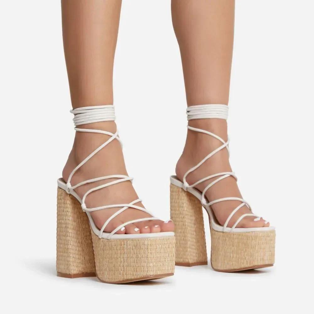 Sandales à plateforme tressées à lacets, talon carré, bout ouvert, couleur unie, style romain sexy, 