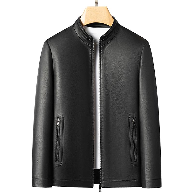 Veste en cuir véritable pour hommes, avec col montant, à la mode, pour jeunes, fins, printemps et au