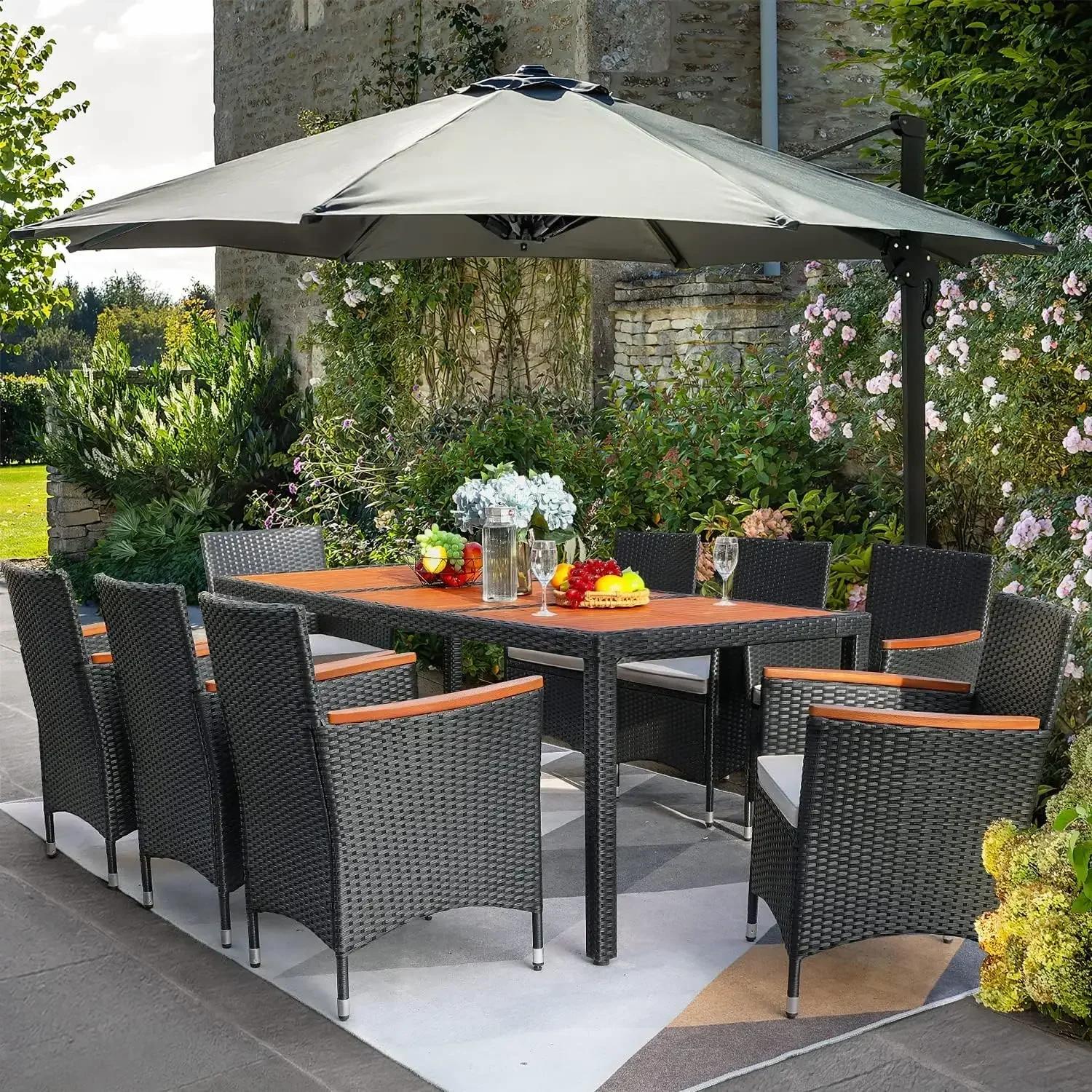Ensemble de salle à manger de Patio 9 pièces, Table et chaises d'extérieur en bois d'acacia avec cou