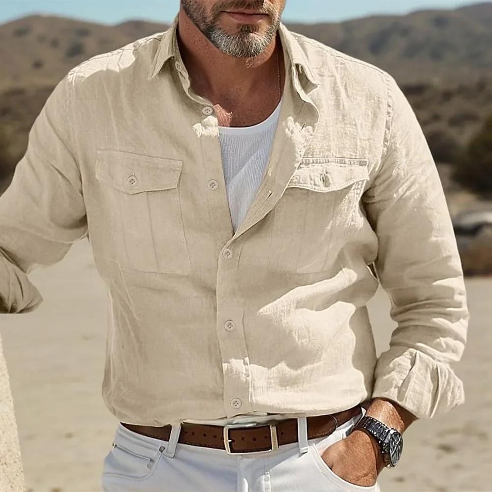 Chemises décontractées en coton et lin pour hommes, chemises hawaïennes respirantes, couleur unie, S