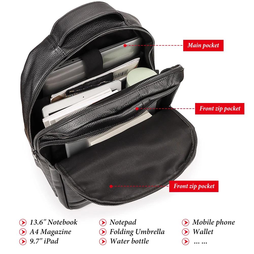 Sac à dos de voyage noir pour hommes, en cuir véritable, pour ordinateur portable, grande capacité, 