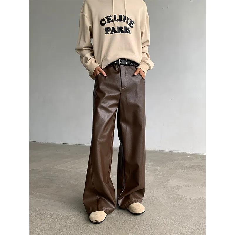 Pantalon droit en cuir PU pour hommes, mode punk, hanche, jambe large, vadrouille, coupe-vent, fjcd 