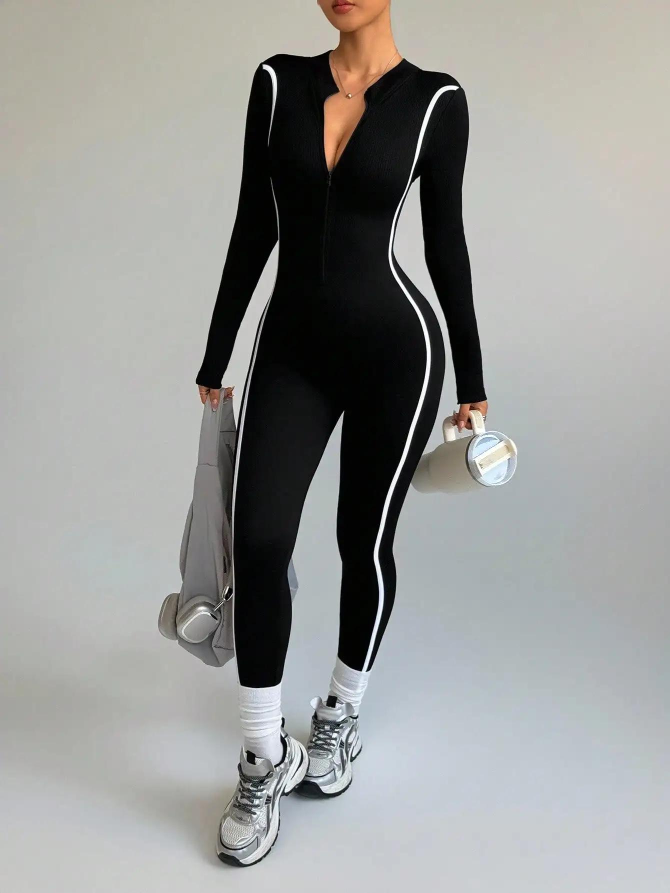 Body de Yoga à col montant et blocage de couleur rayé, vêtements de sport une pièce à séchage rapide