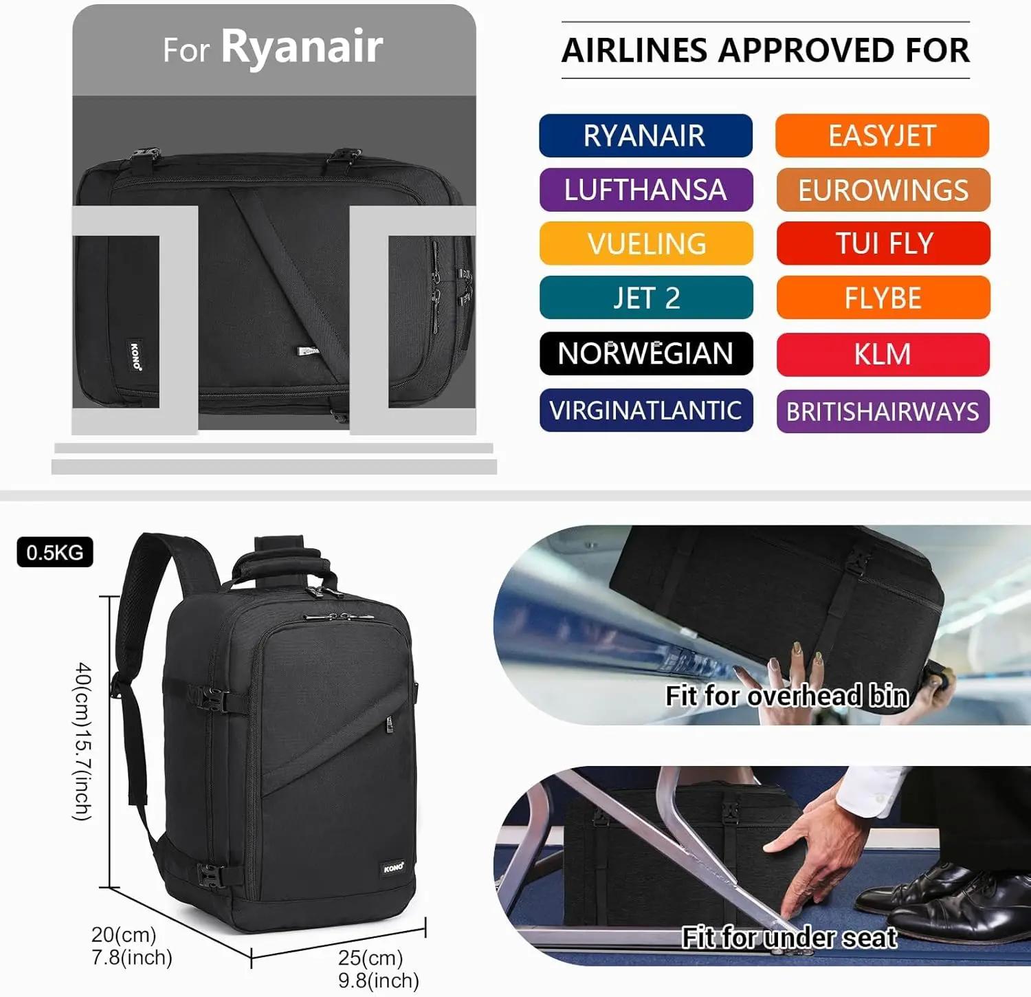 Sac de cabine KONO 40x20x25cm GRS, sac à dos de 20L pour bagage à main Ryanair sous le siège, en pol