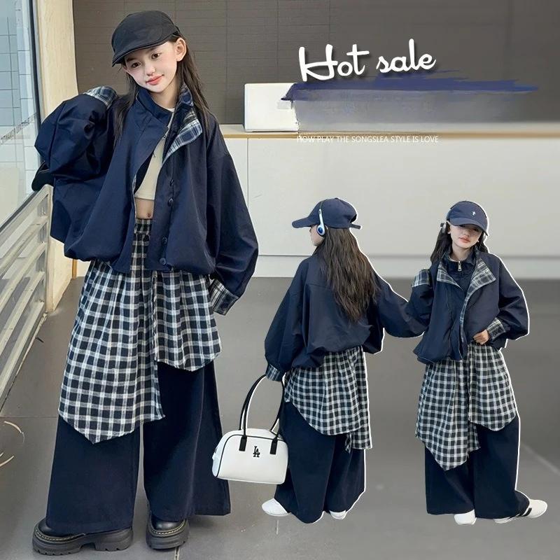 Ensemble de tenues de printemps pour filles, veste à carreaux, ourlet superposé, pantalon à jambes l