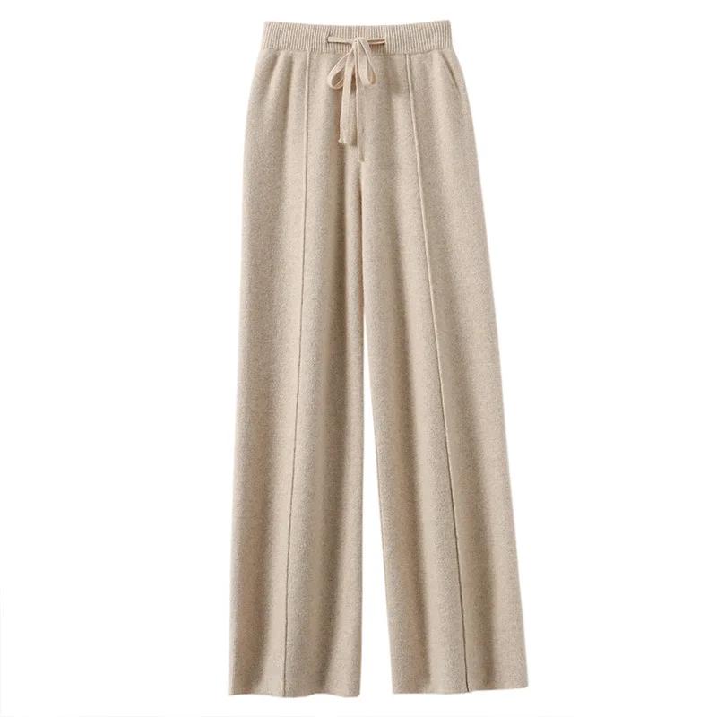 Pantalon taille haute en tricot chaud pour femmes, jambes droites à jambes larges, pantalon ample de