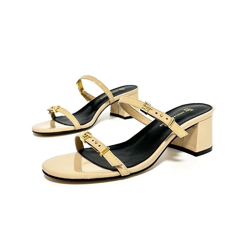 GJ-Pantoufles en cuir à tête ronde, sandales d'extérieur, pantoufles de banquet et de fête, mode déc