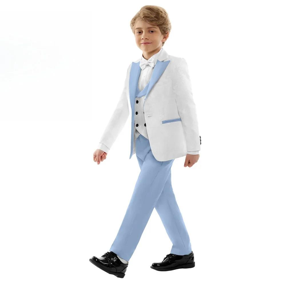 Costume formel classique 4 pièces pour garçons, blanc et bleu ciel contrasté, blazer, gilet et panta