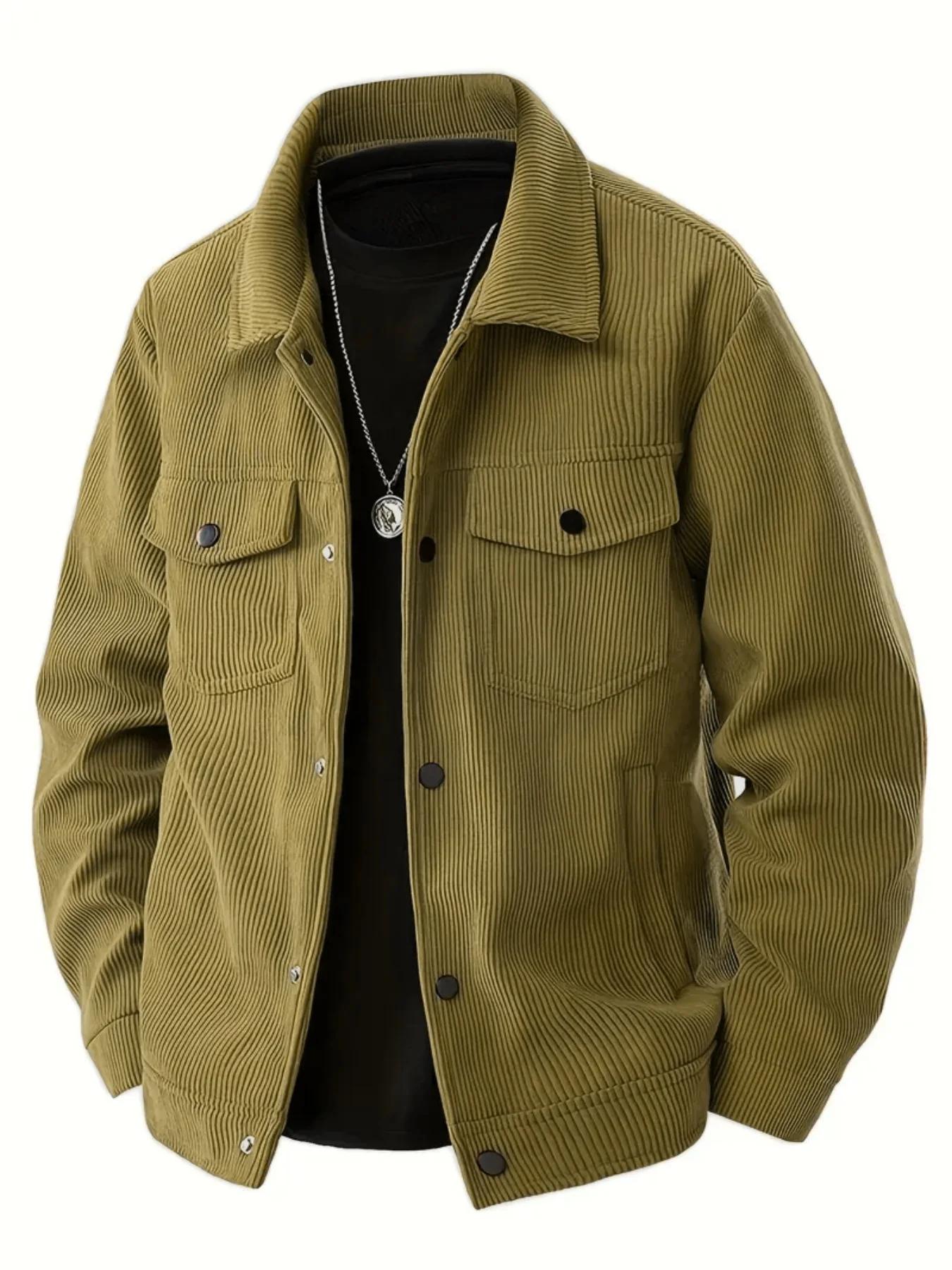 Veste en velours côtelé pour homme, col rabattu, boutons, poche poitrine, style décontracté vintage 