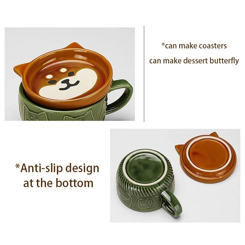Tasse à café YWDL motif chat de dessin animé japonais avec couvercle à motif animal, petite assiette