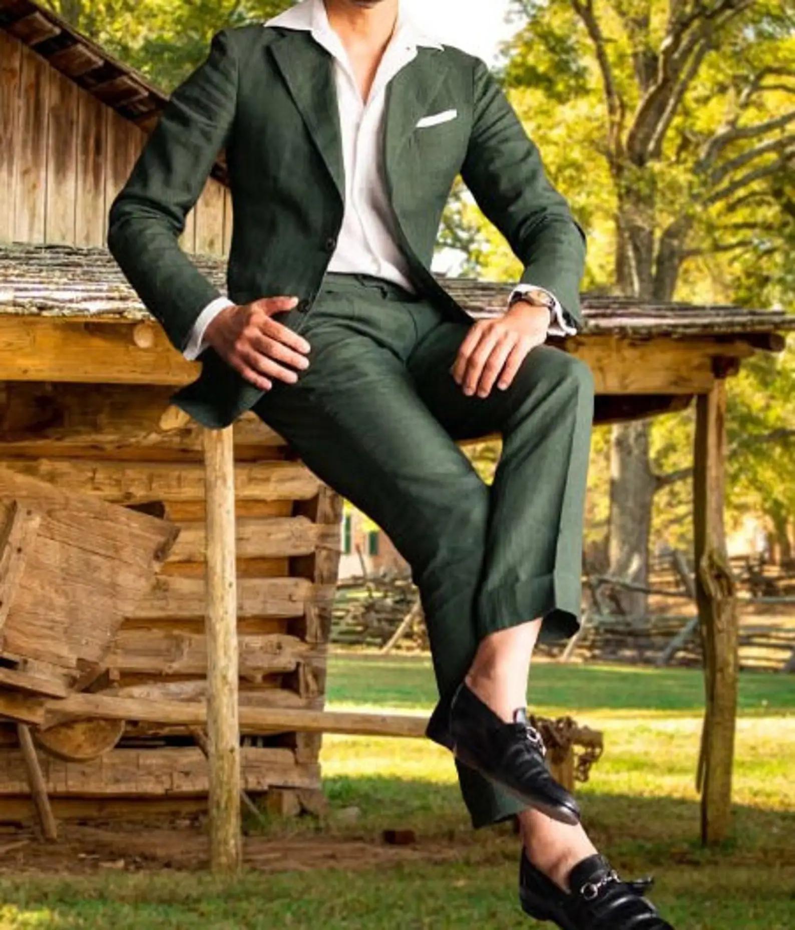 Costume en Lin Vert pour Homme, Smoking de Mariage, Ensembles de Blazers à la Mode, sur Mesure, Deux