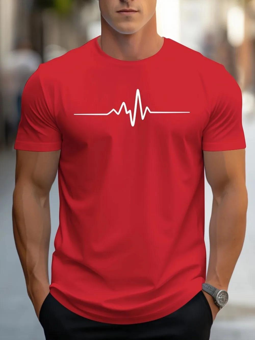 T-shirt à col rond pour hommes, imprimé électrocardiogramme, confortable et respirant, à la mode, po