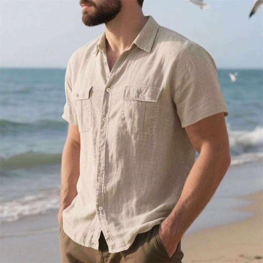 Chemise d'été à manches courtes en coton et lin pour hommes, Double poche, couleur unie, chemises Ca