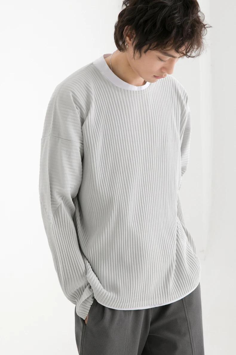 T-shirt plissé à manches longues pour hommes, haut décontracté, col rond, ata yake, adt