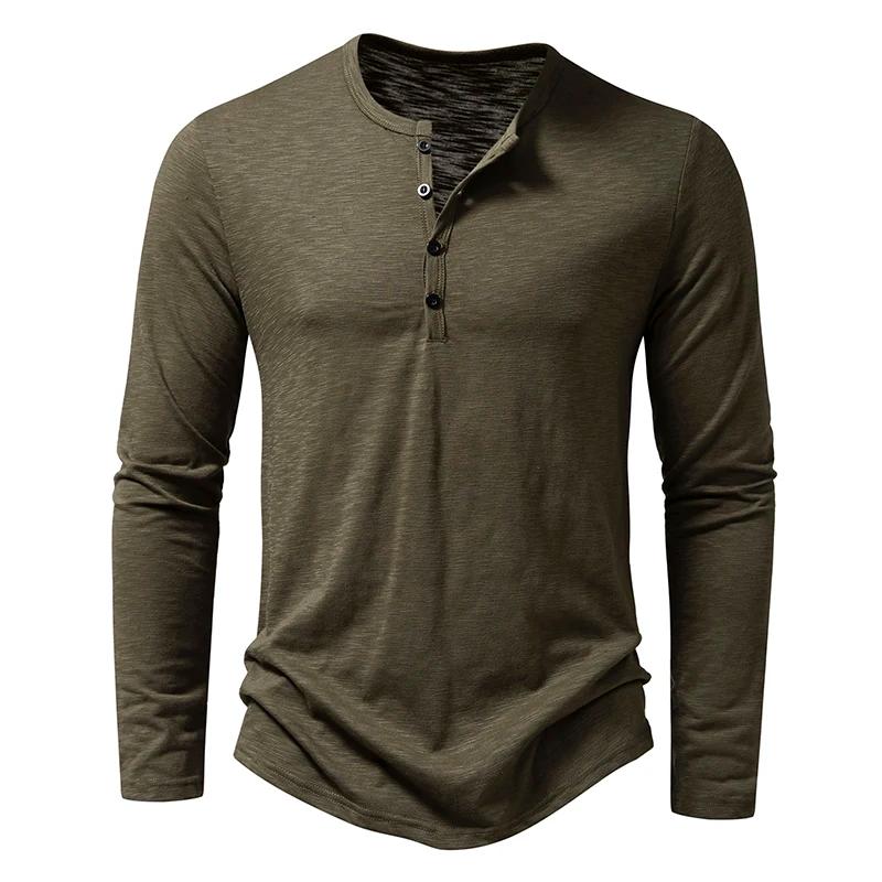 Nouveau hommes coton Henley t-shirt à manches longues T-Shirts basique décontracté bouton col respir