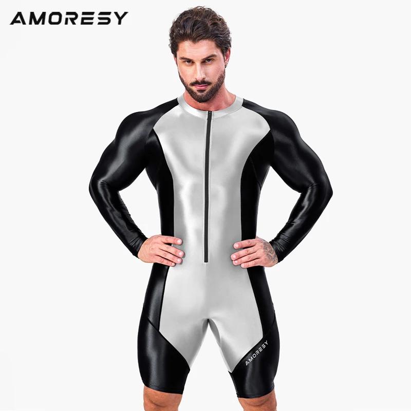 AMORESY hommes brillant avant fermeture éclair une pièce à manches longues collants Spandex maillot 