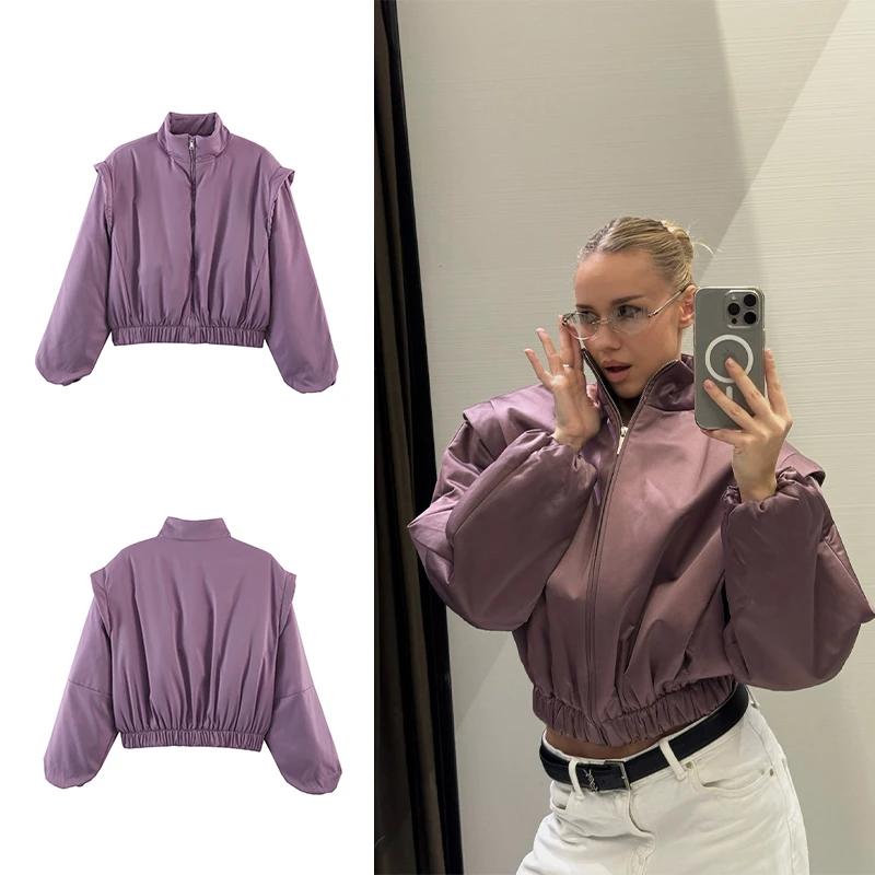Nouvelle veste bomber en satin SLTNX pour femme, mauve, à manches bouffantes, courte, zippée, décont