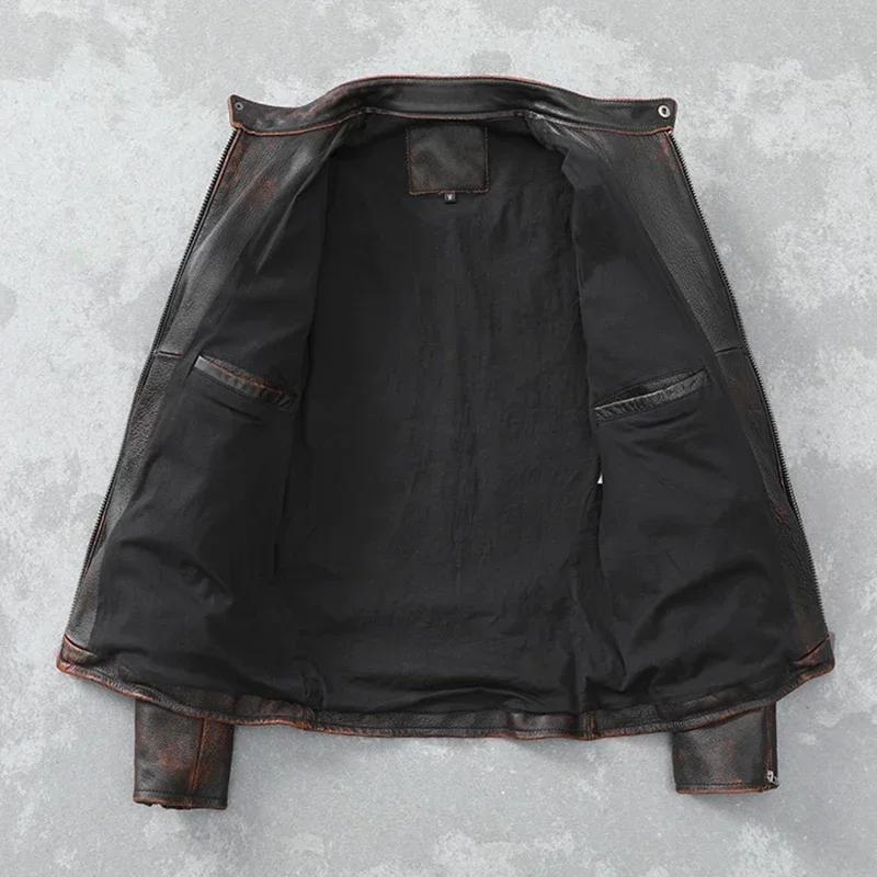 Blouson en cuir homme, court et slim, vintage, rouge, marron, automne