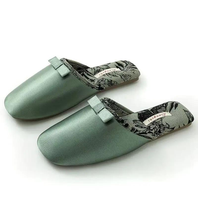 Baotou – pantoufles en soie pour femmes, semelle en caoutchouc, joli nœud, pantoufles de maison anti