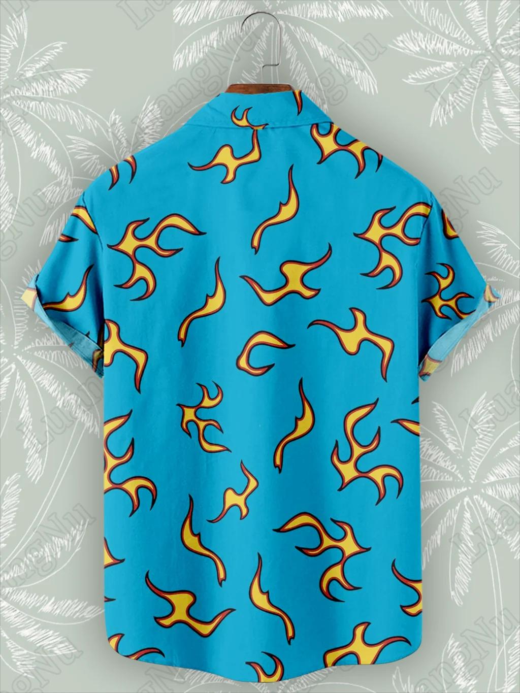 Chemise hawaïenne bleue flamme pour hommes, manches courtes, chemises de rue décontractées, mode hau