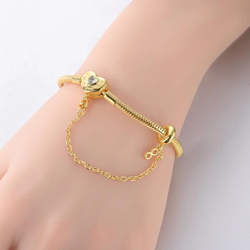Bracelet cœur d'amour en or 17-20 cm, charme en argent sterling 925, bracelet de famille éternel, br
