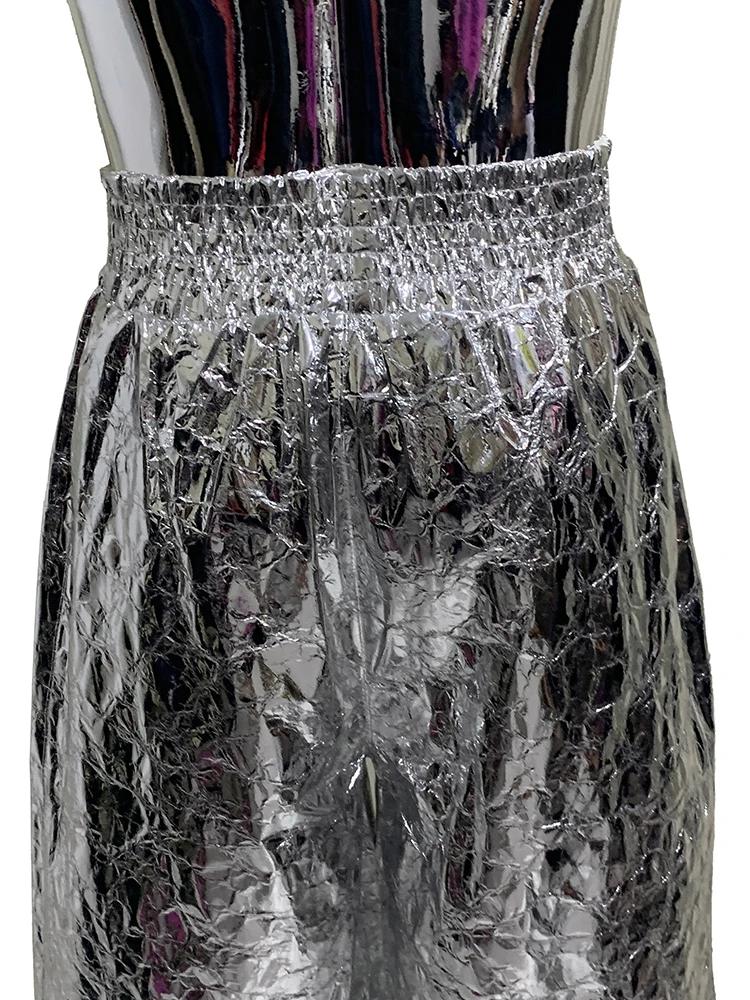 Lautaro été automne brillant argent Faux cuir Shorts pour hommes avec taille haute élastique Y2K Str