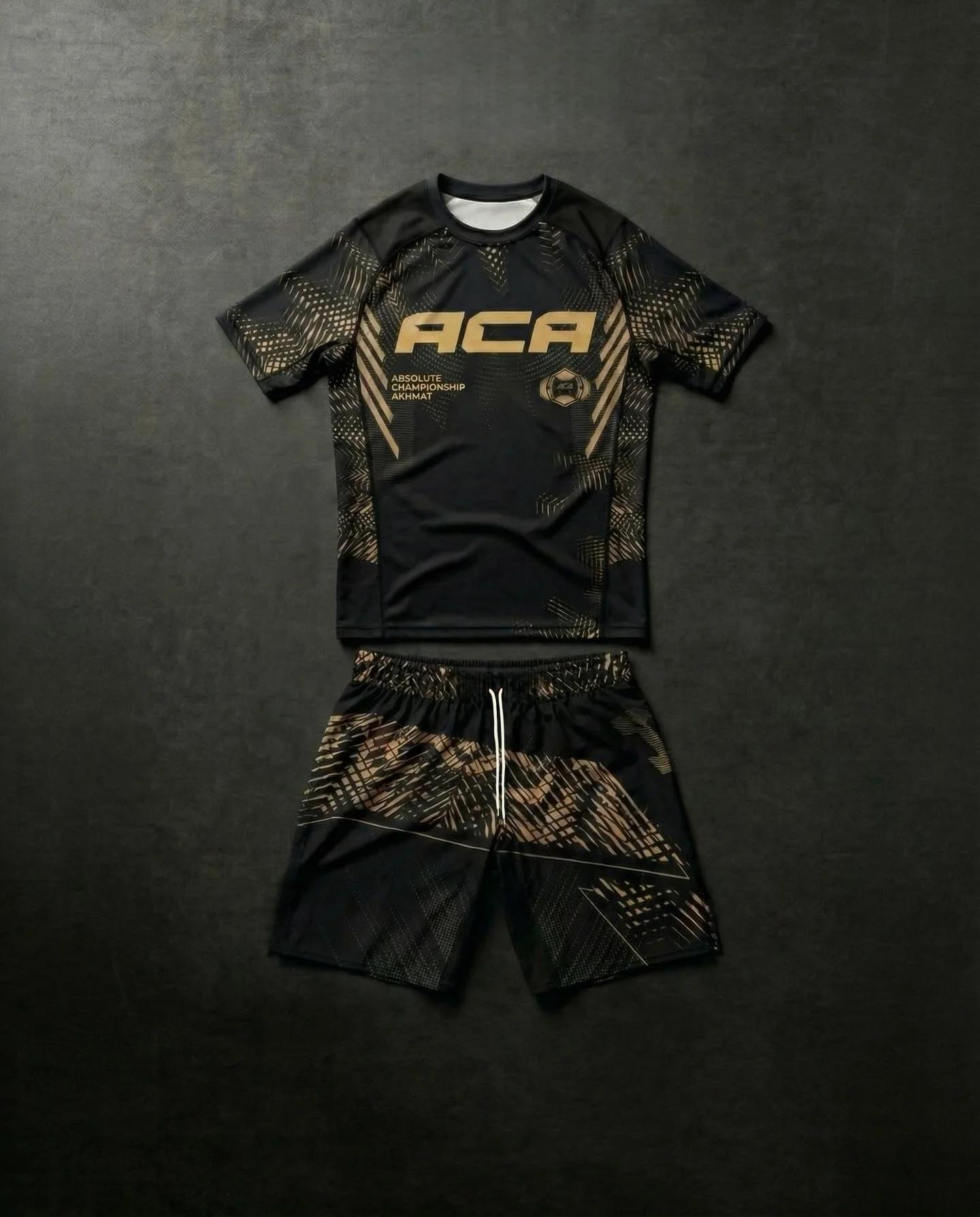 Ensemble de compression pour homme 2026 : Rashguard et short de combat, motif lignes or et blanc, in