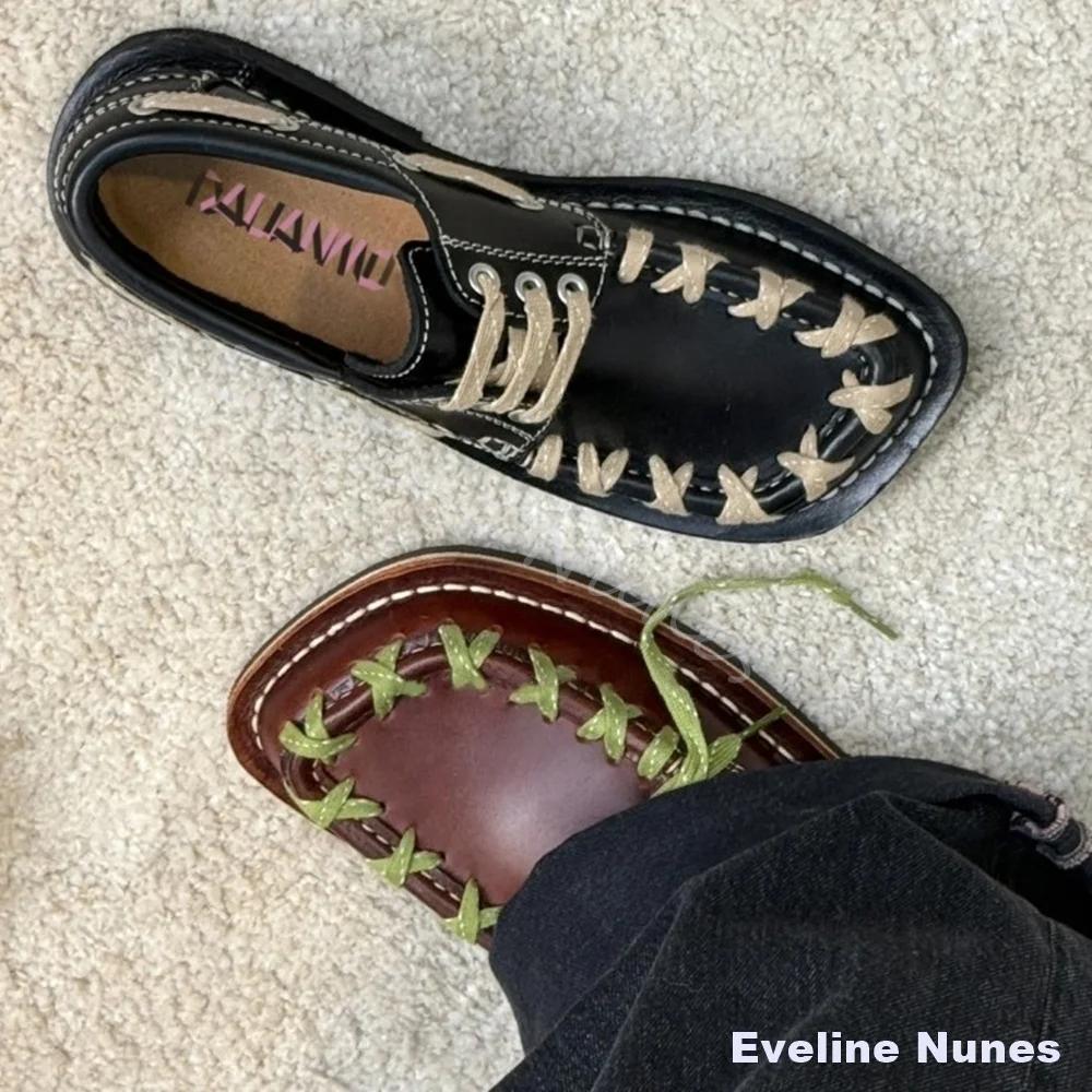 Mocassins à bout carré rétro style britannique en cuir, unisexe, à lacets croisés, décontractés et p